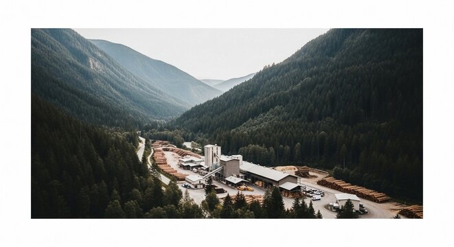 Aerial view of a large timber processing facility nestled in a dense mountain forest valley, showcasing industrial operations within a natural landscape.
