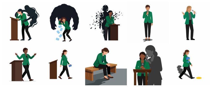 Vector Illustrations of a Businesswoman Dealing with Mental Health Issues, Anxiety, and Imposter Syndrome