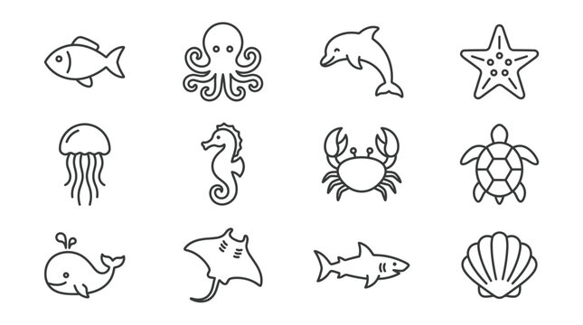 Ocean Life Icons: Marine Animals Set, Vector Line Art