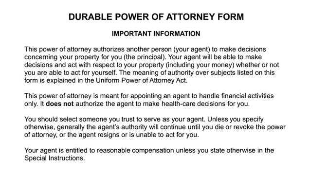 Durable Financial Power of Attorney Form, color vector illustration