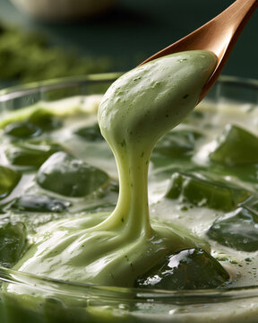Matcha foam gracefully flows over ice for a refreshing delight