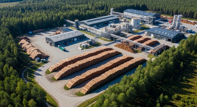 Aerial view of a large-scale timber processing mill with extensive log storage yards and industrial facilities.