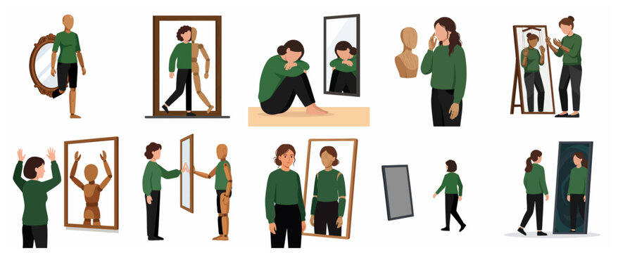 Set of mental health concept illustrations about self-perception, body dysmorphia, and depersonalization