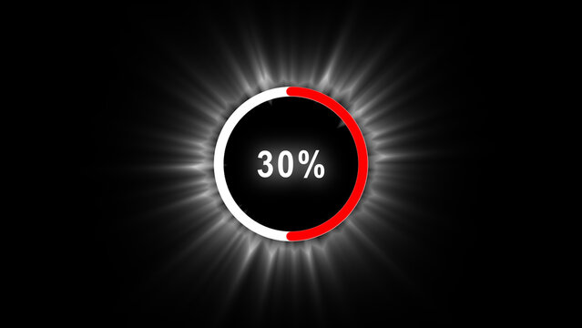 Loading circle indicator showing thirty percent status with light rays. Cyan digital interface. Still graphic for system processing and updates.