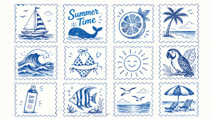 Collection of twelve handdrawn blue ink sketches depicting various summer vacation and beach themes on a grid background © Shawon