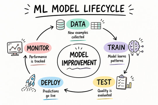 A diagram illustrates the ML Model Lifecycle, showing steps like Data collection, Training, Testing, Deploying, and Monitoring.