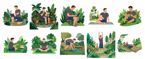 Fototapeta premium Set of flat vector illustrations of a man working remotely and practicing wellness in a lush green garden setting, highlighting work-life balance.