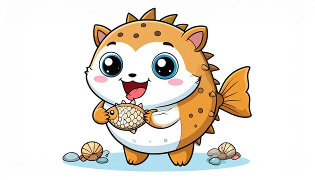 A cartoon pufferfish holding a shell.