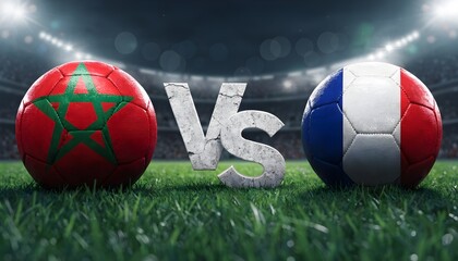 Fototapeta premium Soccer match concept of morocco versus france with national flag balls and stone text, sports