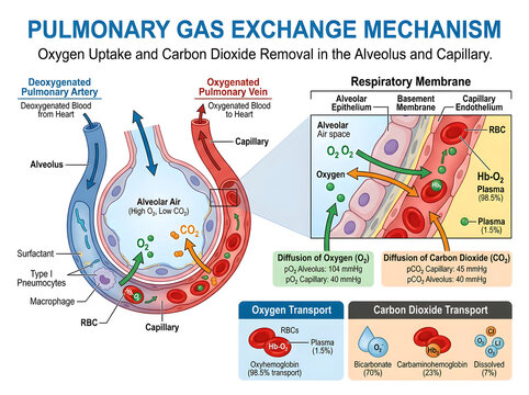 Pulmonary gas exchange in alveolus and capillary diagram isolated on white background