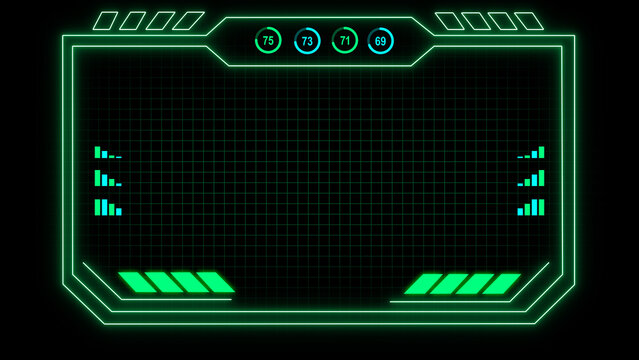 Neon green futuristic HUD interface frame on digital grid background. Tech border layout. Still graphic for software user interface and design templates.