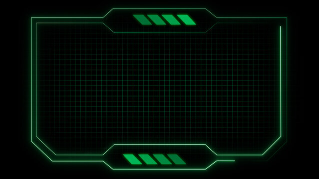 Green neon futuristic HUD interface frame with digital grid background. Tech border layout. Still graphic for software user interface and design templates.