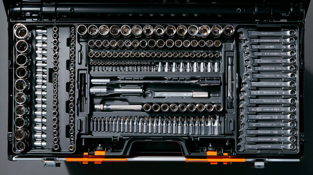 Black tool case with multiple compartments. the compartments are filled with various socket wrenches of different sizes and shapes.