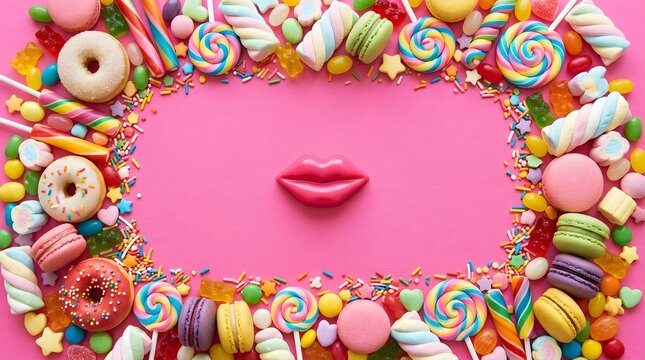 Colorful assortment of sweets and candies framing a pink lips shape on a pink background