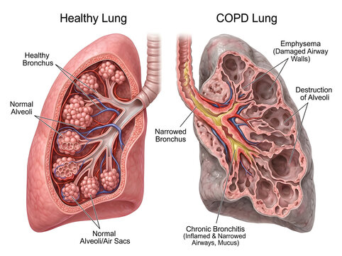 Healthy vs copd lung comparison illustration isolated on white background
