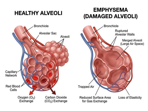 Healthy vs damaged alveoli in human lungs comparison isolated on white background