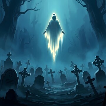 Spooky halloween night with ghostly figure in cemetery