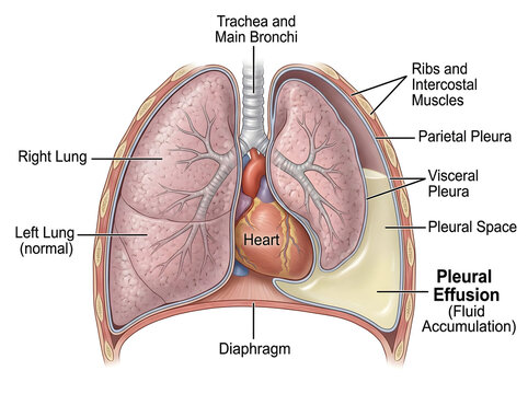 Human chest cross-section showing pleural effusion and lungs isolated on white background