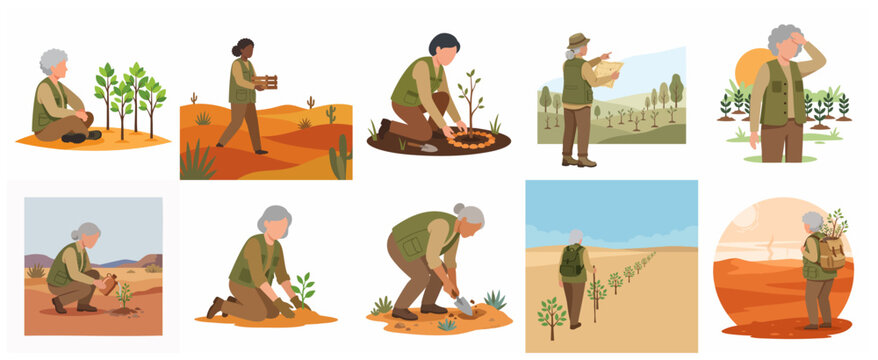 Vector illustrations of diverse women planting trees and saplings in arid landscapes to combat desertification and promote reforestation.