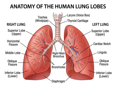 Human lung anatomy diagram showing lobes and fissures isolated on white background