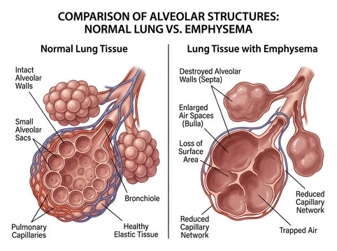 Normal lung vs emphysema alveolar structure comparison illustration isolated on white background