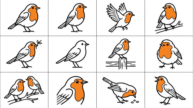 Robin Bird Illustrations Set: Poses and Actions
