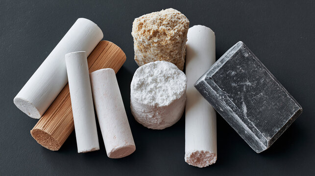 Group of different types of chalk sticks arranged on a black background. there are six sticks in total, three of which are white and one is light brown in color.