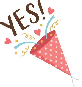 Pink polka dot party popper exploding with yes! and hearts.eps