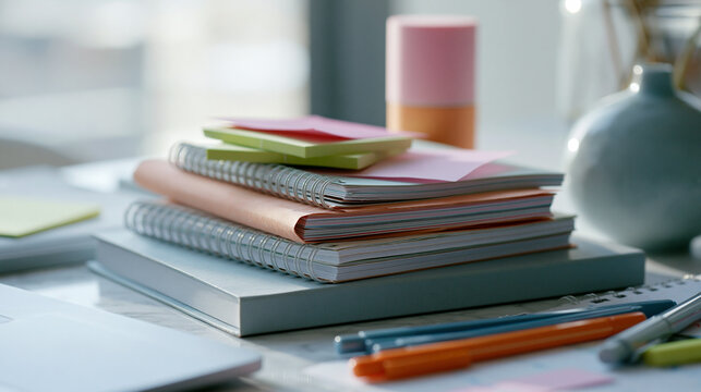 Desk with a stack of notebooks and pens on it. the notebooks are of different sizes and colors, with the topmost notebook being pink, the middle one being orange, and the bottom one being grey.