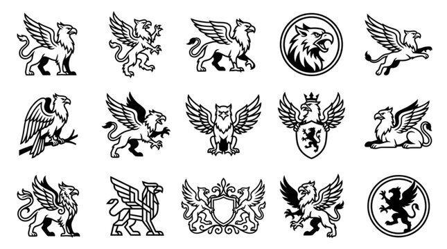 Griffin Line Art Vector Icon Set Featuring Mythological Winged Beast Heraldic Emblems Fantasy Creature Silhouettes and Medieval Logo Designs