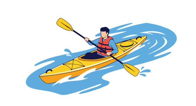 Young Man in Life Jacket Paddling Yellow Kayak on Blue Water Stream Outdoor Summer Recreation and Sport