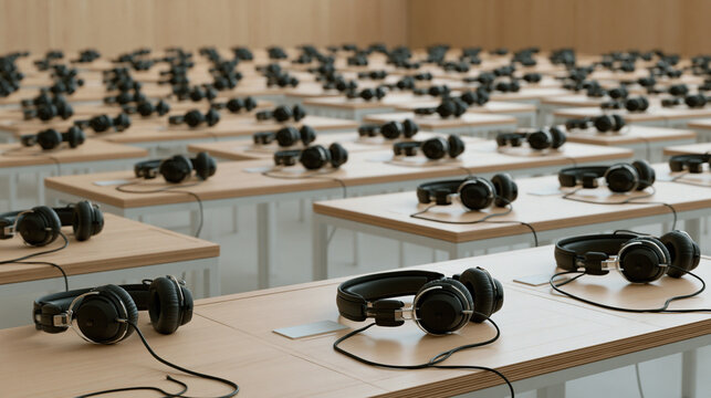 Large room with rows of wooden tables arranged in neat rows. each table has a pair of black headphones resting on top of it.
