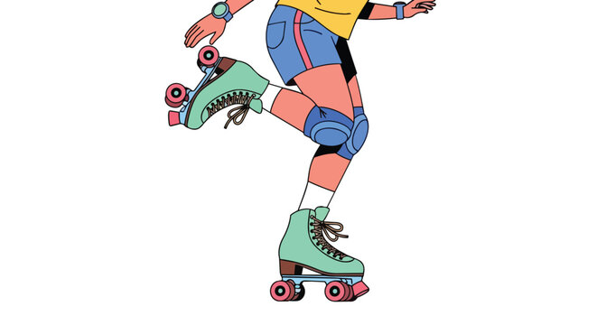 Dynamic illustration of a woman skating in vintage quad roller skates with colorful knee pads and denim shorts