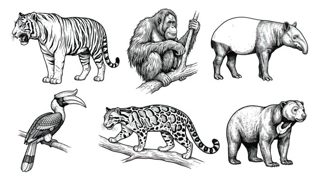 Vintage hand drawn wild animals of Asia set, detailed black and white jungle animal sketches, tiger and orangutan vector illustrations
