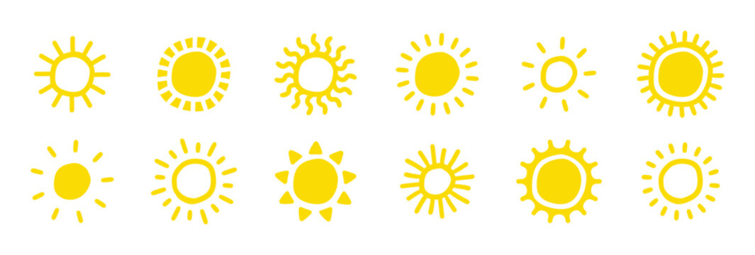 Set of bright yellow minimal hand-drawn different sun on white background, drawing, simple cute vector illustration hand-drawn in doodle flat style