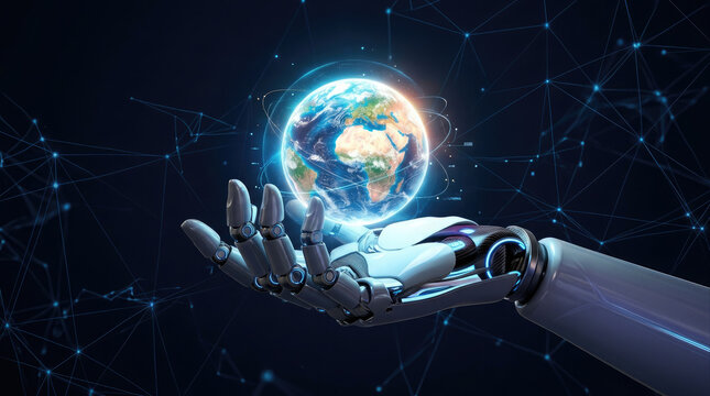 Innovative AI robot hand cradles glowing Earth with futuristic digital network connections, symbolizing global connectivity and technological advancement in the digital age