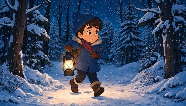 Little boy walking with a lantern in a snowy winter forest at night