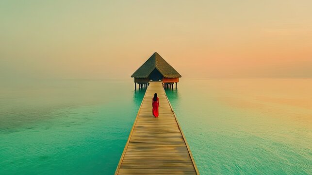 Peaceful woman walking a pier towards a tropical hut.