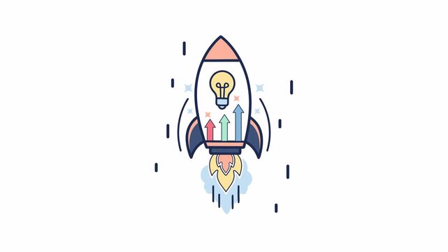 Animation of a flying rocket with a statistical arrow and lights. Startup animation concept.