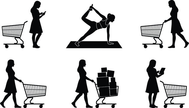 Silhouette collection of women with shopping carts and exercising white background consumerism woman female retail store market cart trolley exercise yoga fitness stretching pose