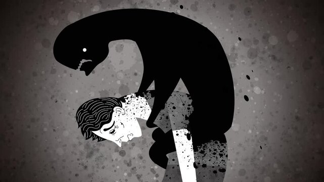 sad person carrying a black goo entity of depression