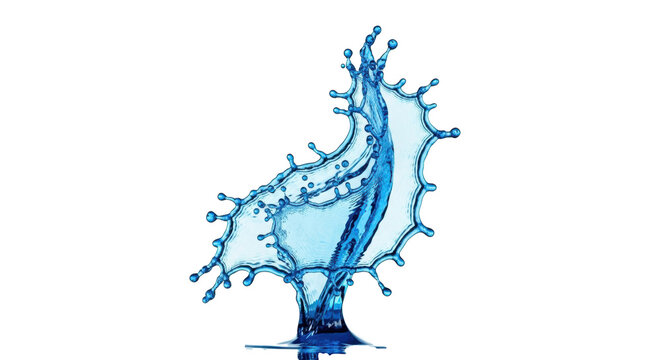 A vivid blue water splash, perfectly frozen mid-air as a dynamic, crystalline sculpture of translucent droplets, on an isolated transparent studio background, high-key backlighting, concept of