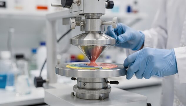Closeup medium shot of a scientist adjusting a coneplate rheometer measuring flow properties of paint samples with precise instrumentation in a modern lab.