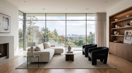 Fototapeta premium Elegant Architectural Visualization of a Cozy Living Room with Forest View