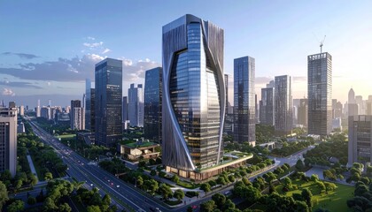 Obraz premium Aerial view of modern skyscraper and green city park.