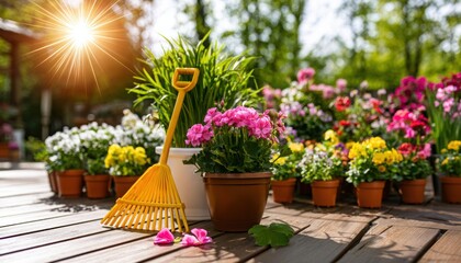 Fototapeta premium Blooming Pink Flowers in Garden Pots with Lush Green Foliage Decorative Spring and Summer Floral Arrangement for Home Garden Gardening and Nature Concept
