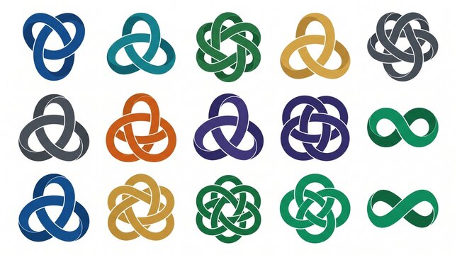 3D twisting ribbon infinity symbols and interlocking ring logo templates