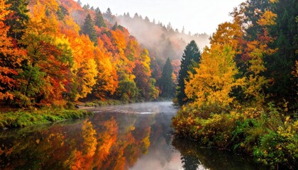Obraz premium Autumn forest landscape with misty river and colorful trees.