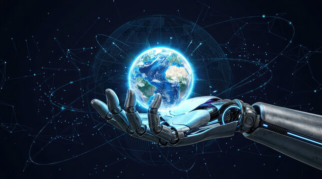 Robotic hand holding Earth A compelling visualization of artificial intelligence driving global innovation, interconnected technology, and sustainable future