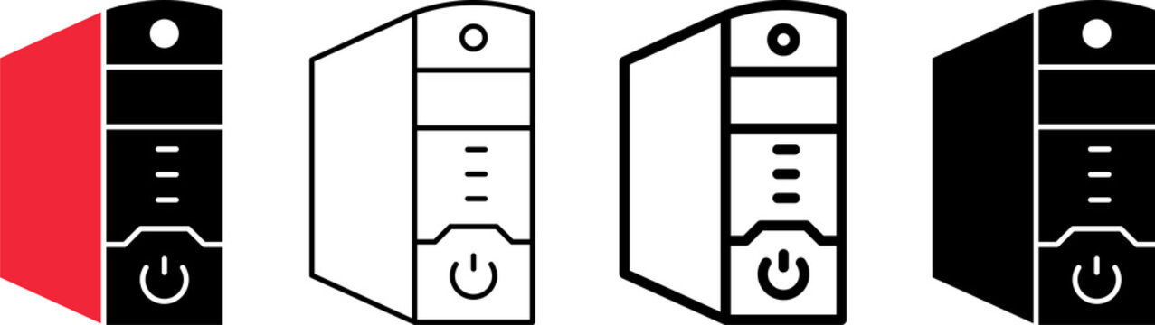 Computer CPU Tower Icon Set in Filled, Outline, Bold Outline and Glyph Styles  
